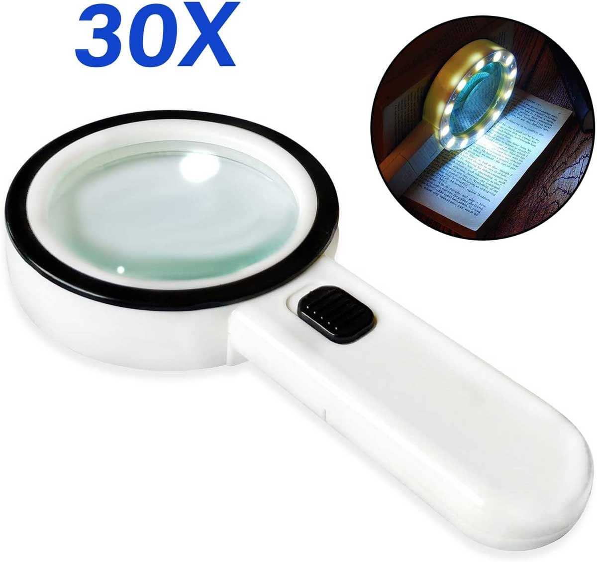 Magnifying Glass with Light, 30X Handheld Large Illuminated Magnifiers,  Reading Magnifying Glass with for Seniors Read, Coins, Stamps, Map
