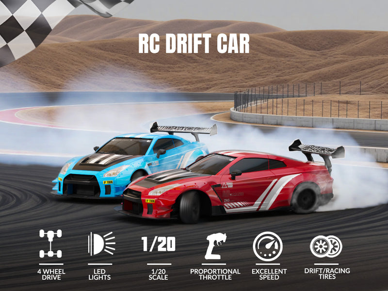 Racent 1:20 RC Drift Car 4Wd, 2 baterías, doble motor rojo