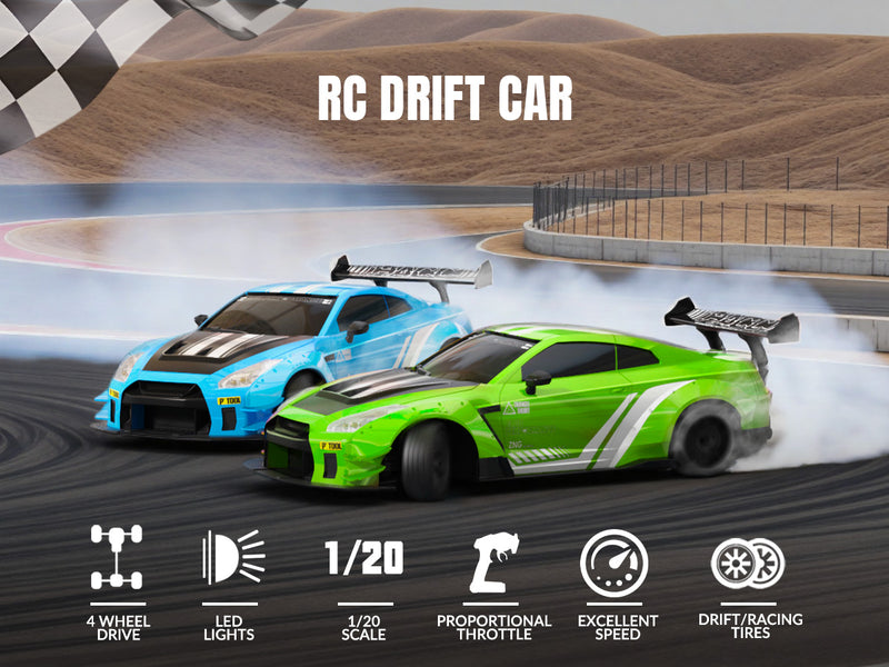 RACENT 1:20 RC Drift Car 4WD, LED Light, 2 Batteries, Dual Motor GREEN