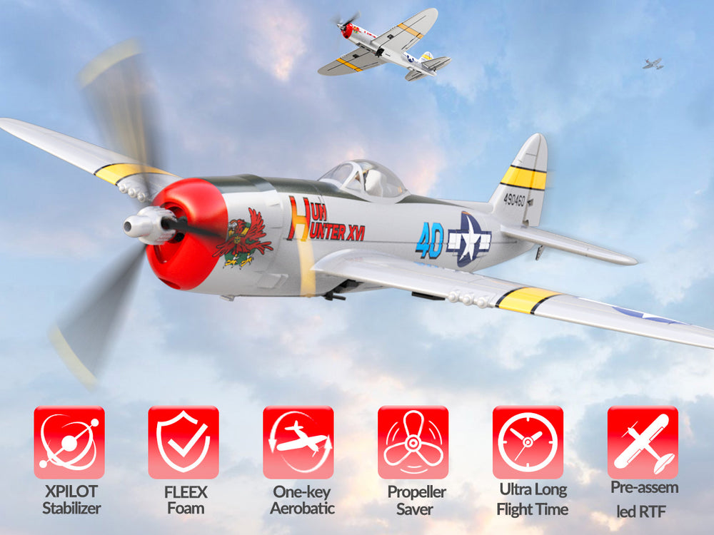 VOLANTEXRC P47 Thunderbolt Avión RC RTF - Avión de guerra de 4 canales con giroscopio &  Alarmas duales (2 baterías)