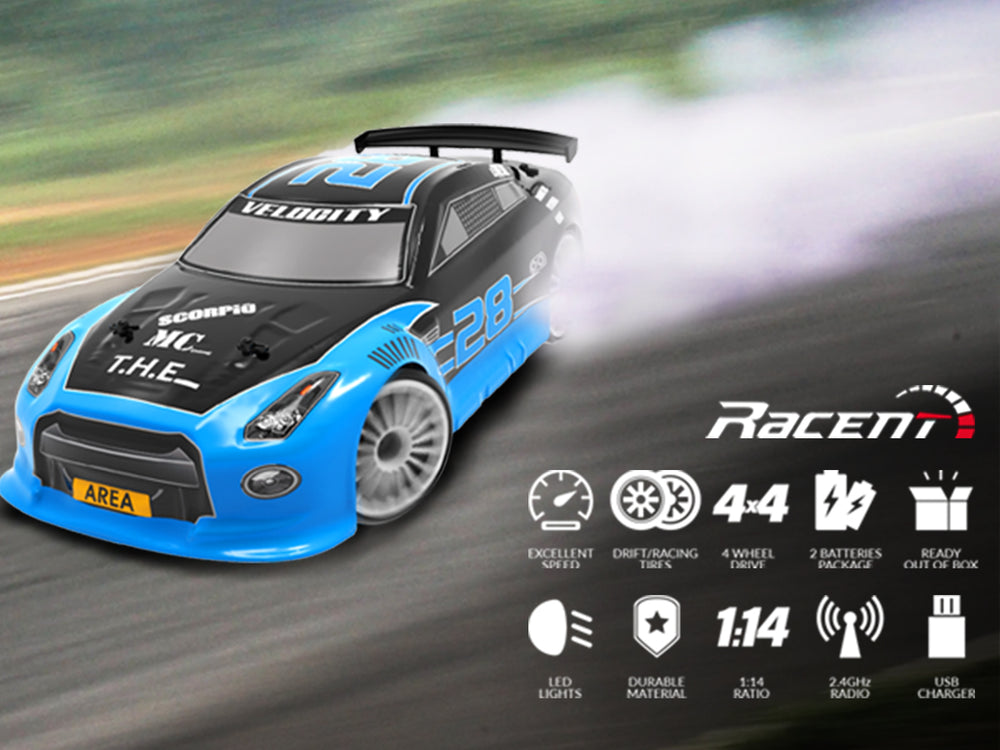 Racent Control remoto Drift Car 2.4Ghz 1:14 Escala RC Sport Racing Cars 4WD RTR Hight Speed ​​RC Vehículo con luces LED