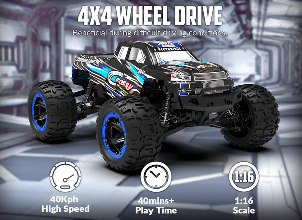 Racent - Coche de control remoto 4WD todoterreno RC Monster Truck escala 1:16 30 MPH de alta velocidad todo terreno RC vehículo para niños o adultos (785-5) (azul)