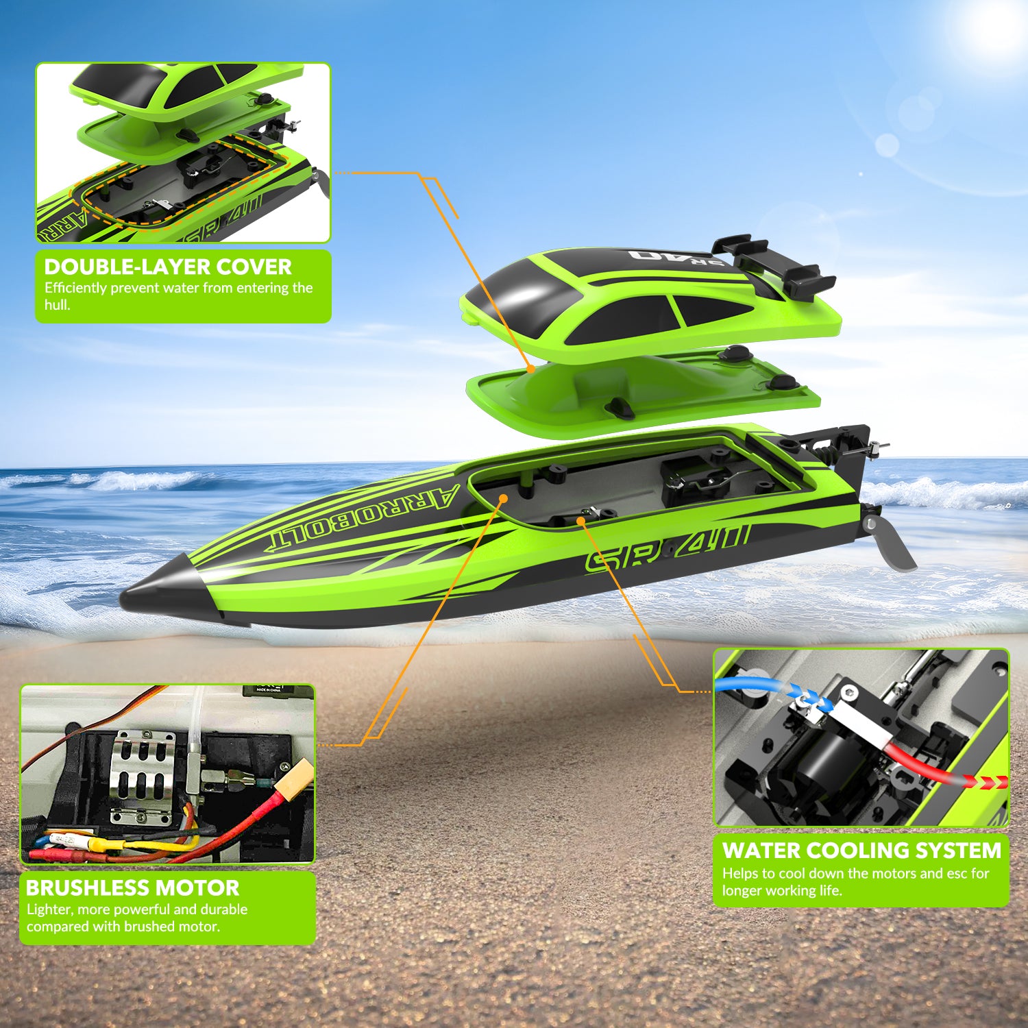 VOLANTEXRC Green SR40 Brushless 30+MPH RC Boat (79705)-EXHOBBY LIMITED.