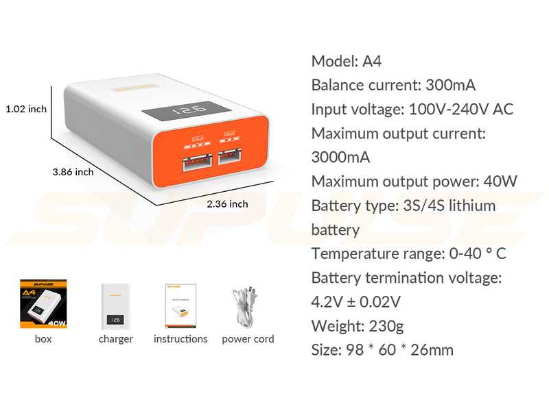 SUPULSE A4 Lipo Balance Charger - 40W, 3S-4S, AC 11.1V/14.8V Quick Charge