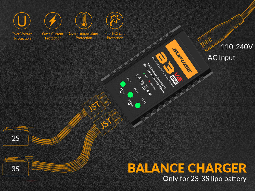 SUPULSE 7.4-11.1V 2S-3S 10W LiPo Battery AC Pro Compact RC Balance Charger Best Seller Charger