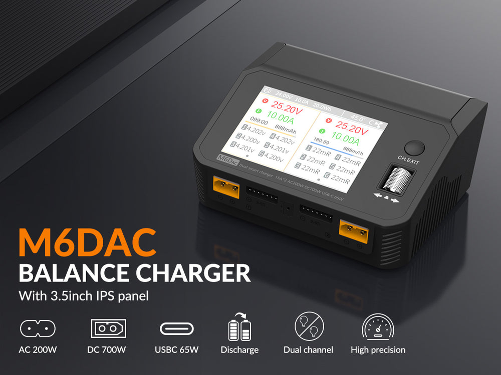 SUPULSE M6DAC Dual Battery Balance Charger AC200W,1-6S LiPo/LiHV/LiFe/LiIon,1-10S PB,1-16S NiMh,65W Fast Charging