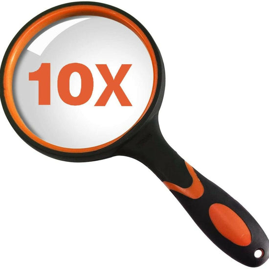 Multipurpose 10X HD thickened magnifying glass with 75MM Lens Magnifier and Non-Slip Soft Handle (Orange) - EXHOBBY