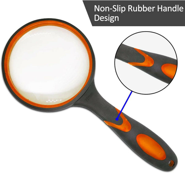 Multipurpose 10X HD thickened magnifying glass with 75MM Lens Magnifier and Non-Slip Soft Handle (Orange) - EXHOBBY