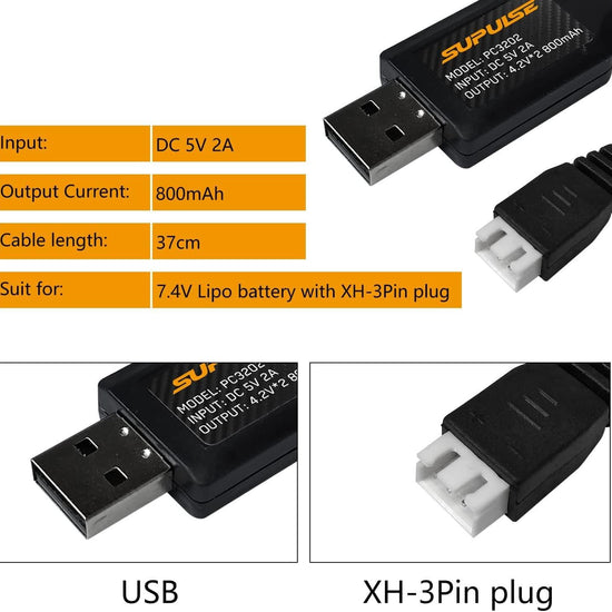 SUPULSE 2pcs USB Charger Cable 2A for 2S 7.4V LiPo Battery with XH-3Pin Plug for RC Boat RC Truck RC Plane-EXHOBBY LIMITED.