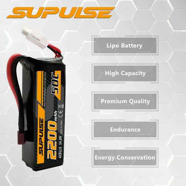 SUPULSE 2pcs 14.8V 4S 2200mAh 50C Lipo Battery with T Plug - EXHOBBY