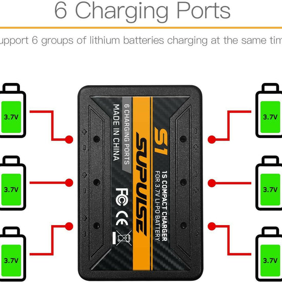 SUPULSE 6-in-1 Lipo Battery Charger 3.7V 1S 1 Cell Micro 6 Ports Compact Charger (S1) - EXHOBBY