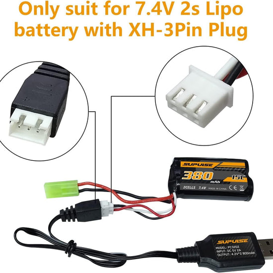 SUPULSE 2pcs USB Charger Cable 2A for 2S 7.4V LiPo Battery with XH-3Pin Plug for RC Boat RC Truck RC Plane-EXHOBBY LIMITED.