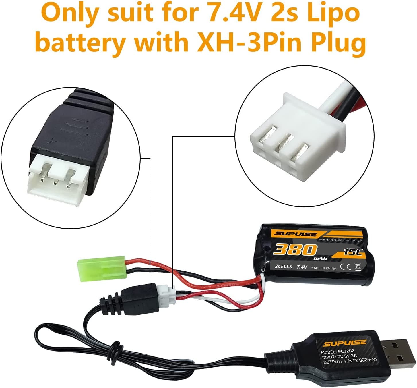 SUPULSE 2pcs USB Charger Cable 2A for 2S 7.4V LiPo Battery with XH-3Pin Plug for RC Boat RC Truck RC Plane-EXHOBBY LIMITED.