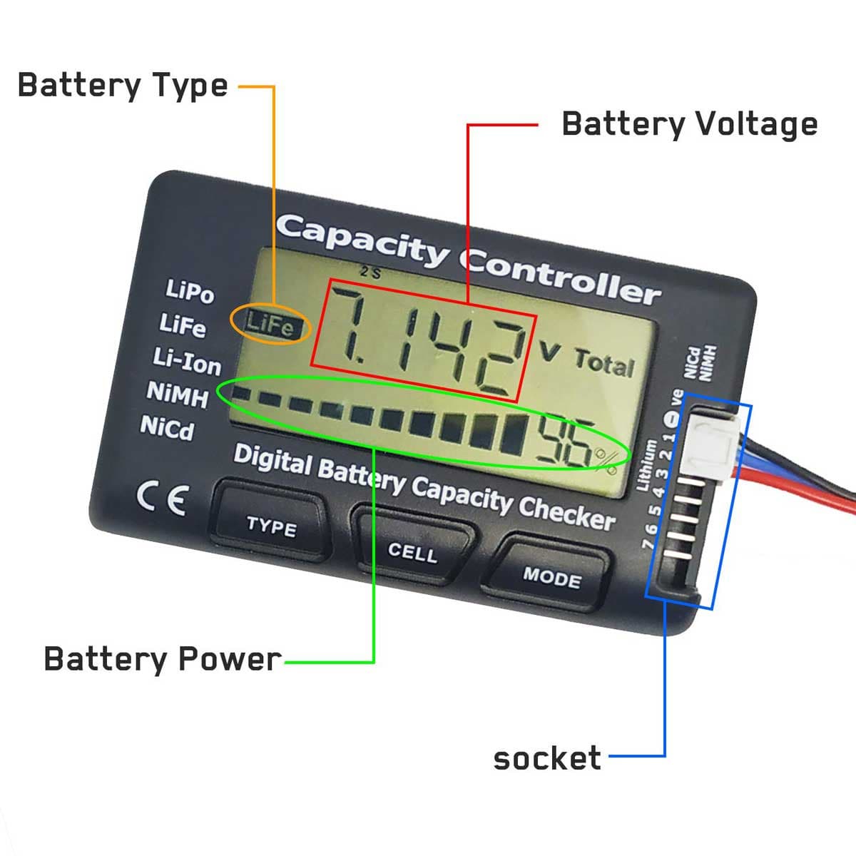 Capacity Controller CELLMeter-7 Digital Battery Capacity Checker Battery Balancer Tester LCD for LiPo-Life-Li-ion-NiCd-NiMH - EXHOBBY